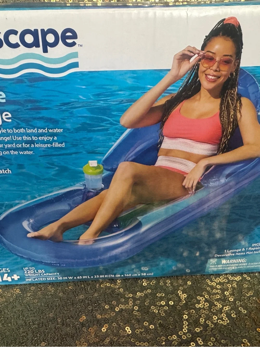 Blue Inflatable Lounge Float with Red & Green Inner Stripes